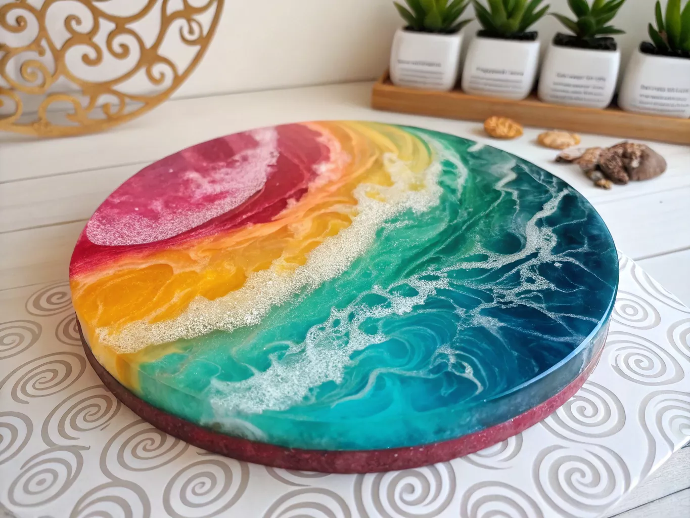 Handmade resin art piece with vibrant colors